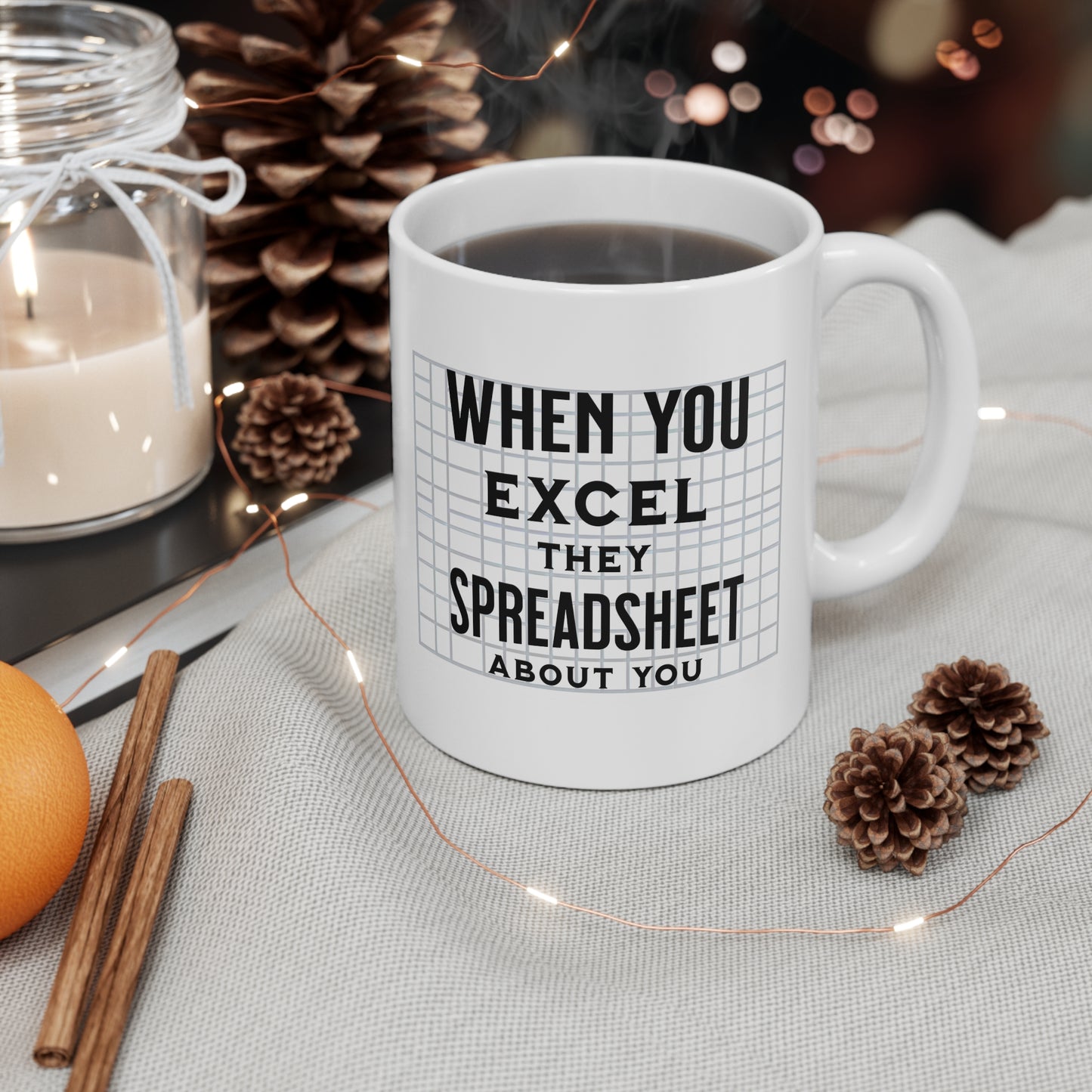 Fun Office Coffee Mug 11oz. Enjoy your beverage in this fun take on spreadsheet humor