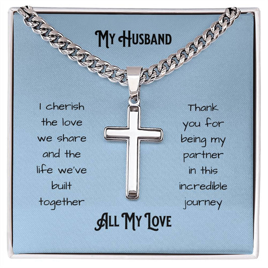 Gift for Husband. Personalized Steel Cross Necklace on Cuban Chain with message card