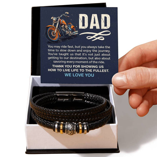 Father's Day gift. Leather bracelet to show Dad how much you love him. Living life to the fullest. With Message Card