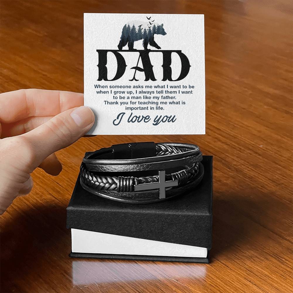 Father's Day gift. Leather bracelet with cross to show Dad how much you love him. With Message Card