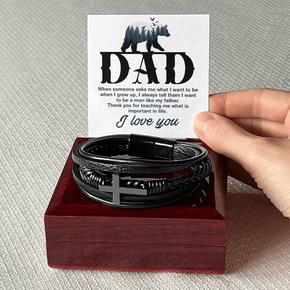 Father's Day gift. Leather bracelet with cross to show Dad how much you love him. With Message Card