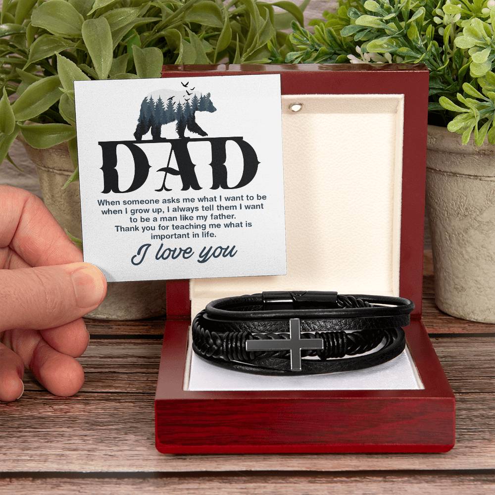 Father's Day gift. Leather bracelet with cross to show Dad how much you love him. With Message Card